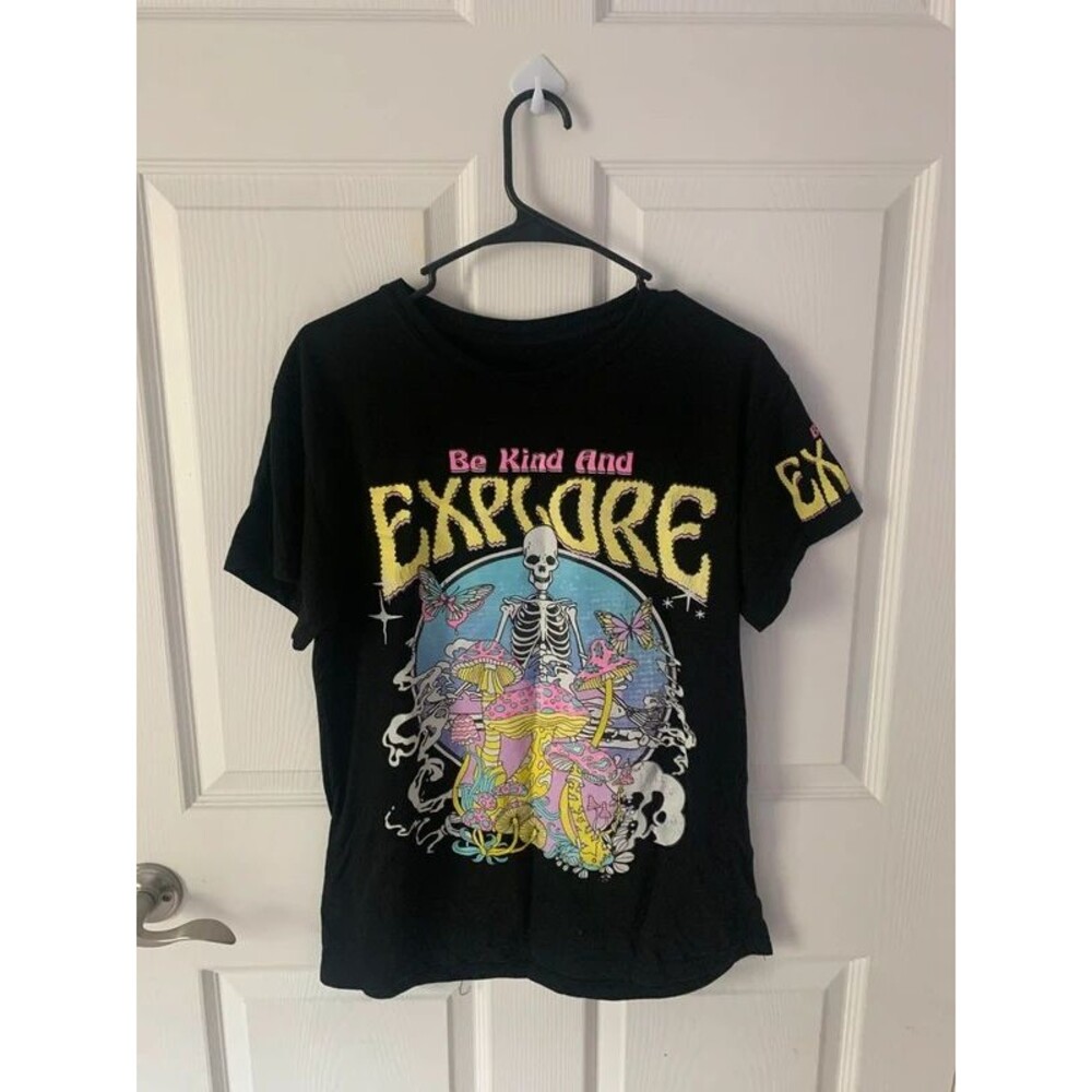 Black "Be Kind And Explore" Skeleton Mushroom Graphic Tee